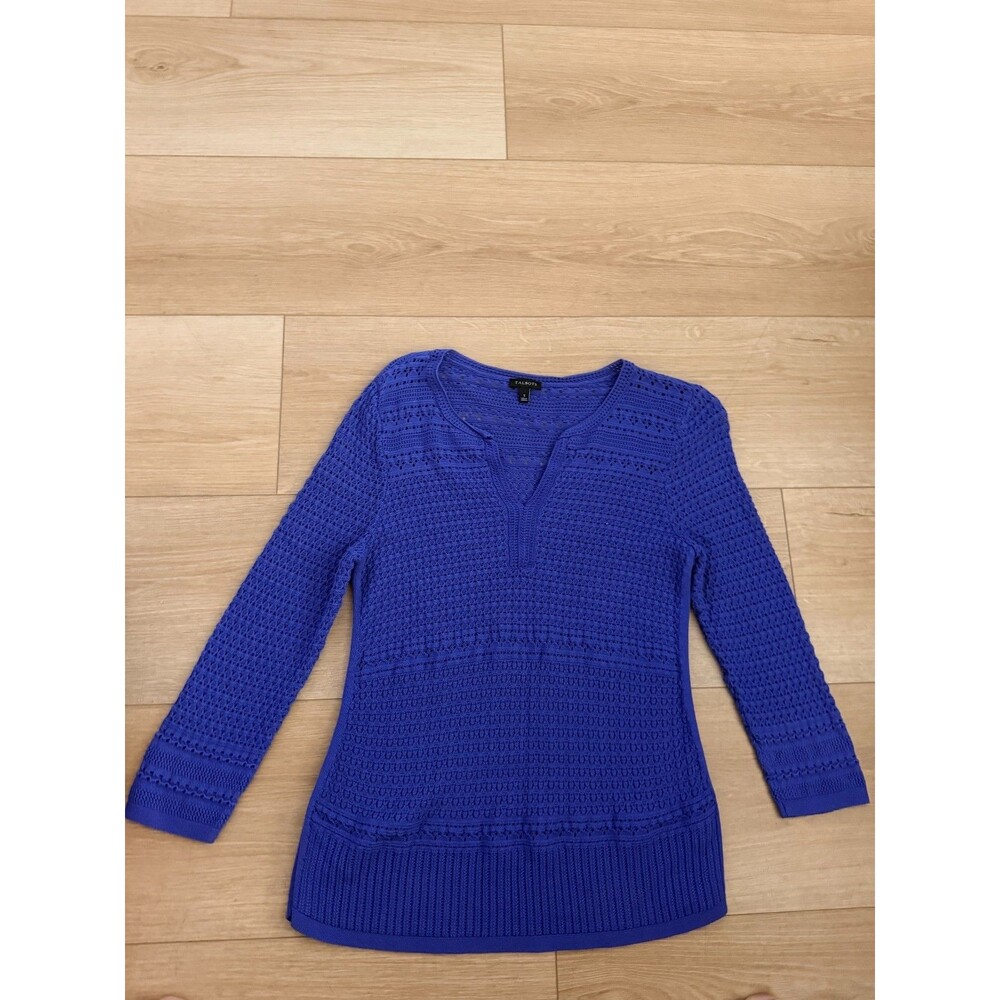 Talbots Womens Blue Open Knit Sweater Top Size Small S Split V-Neck Crochet